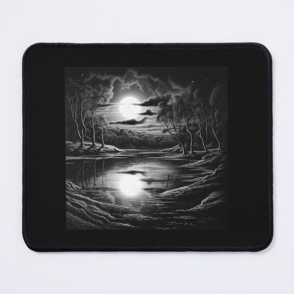 Item preview, Moonlit Lake Landscape Black and White Gothic Forest Art designed and sold by inkoutninja.