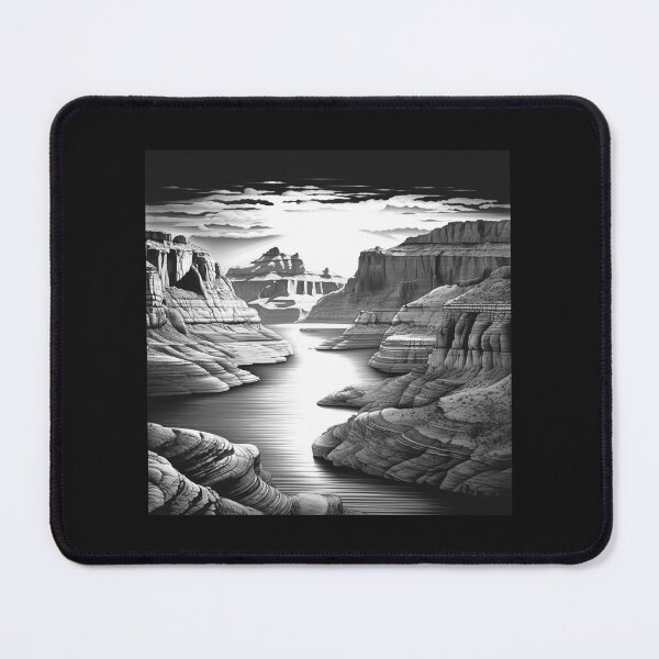 Item preview, Black and White Canyon Lake Landscape Desert Cliff Art designed and sold by inkoutninja.
