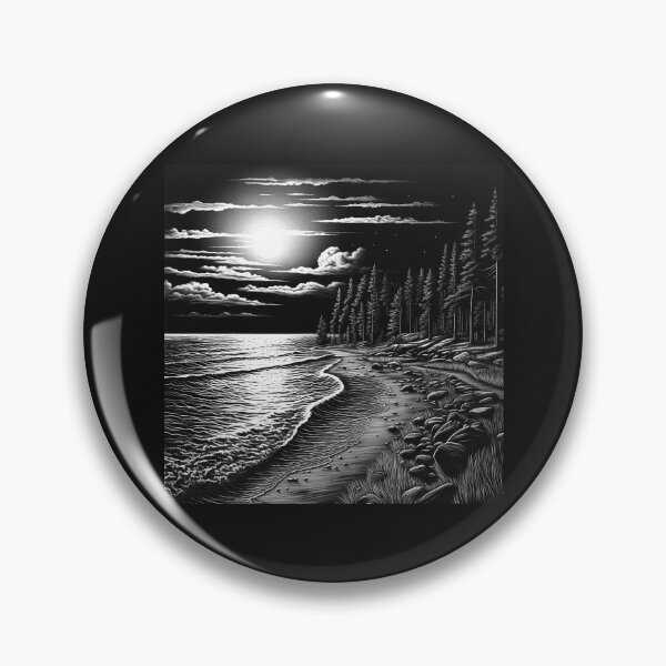 Item preview, Black and White Moonlit Beach Forest Landscape Art designed and sold by inkoutninja.
