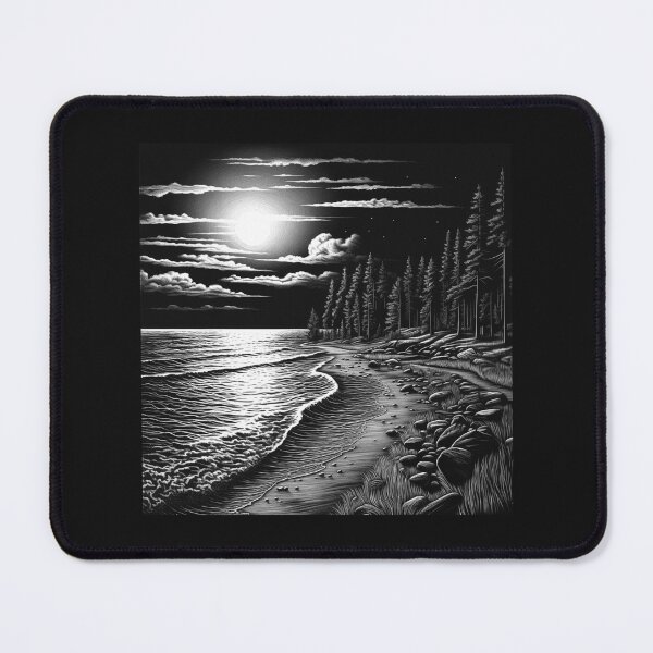 Item preview, Black and White Moonlit Beach Forest Landscape Art designed and sold by inkoutninja.