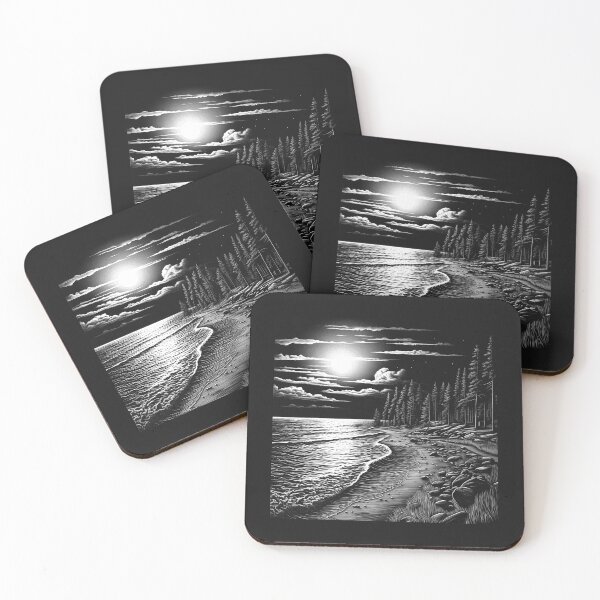 Item preview, Black and White Moonlit Beach Forest Landscape Art designed and sold by inkoutninja.