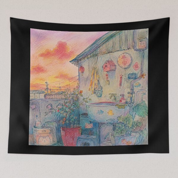 Item preview, Sunset Alley Watercolor Cottage Scene designed and sold by eliramaison.