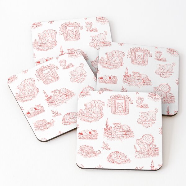 Item preview, Red Cat Toile de Jouy Vintage Literary Kittens Cottagecore Pattern designed and sold by Pharmkitty.