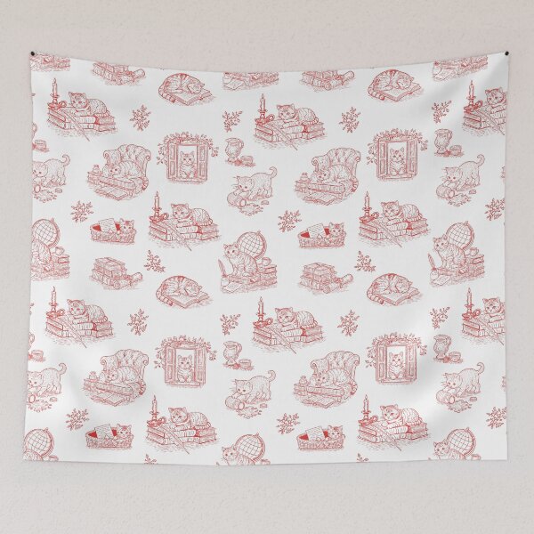 Item preview, Red Cat Toile de Jouy Vintage Literary Kittens Cottagecore Pattern designed and sold by Pharmkitty.