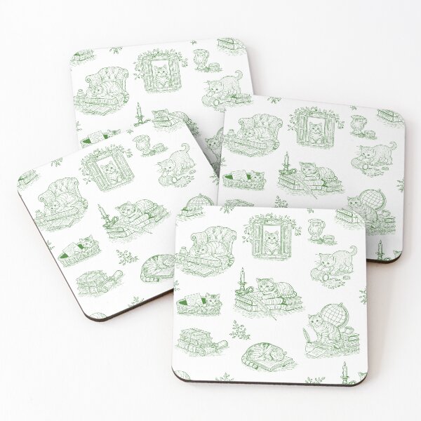 Item preview, Green Cat Toile de Jouy Vintage Literary Kittens Cottagecore Pattern designed and sold by Pharmkitty.