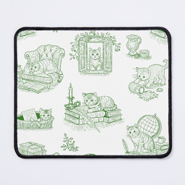 Item preview, Green Cat Toile de Jouy Vintage Literary Kittens Cottagecore Pattern designed and sold by Pharmkitty.