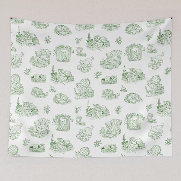 Item preview, Green Cat Toile de Jouy Vintage Literary Kittens Cottagecore Pattern designed and sold by Pharmkitty.