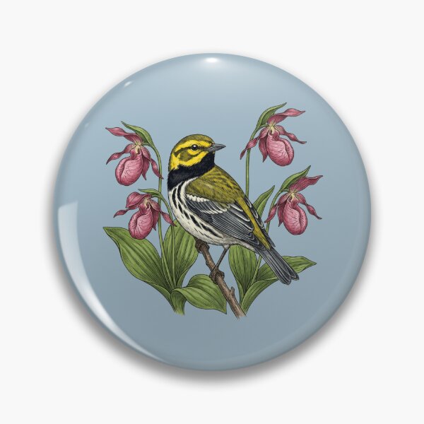 Item preview, Black-throated Green Warbler Bird with Lady Slipper Wildflowers designed and sold by BirdsnStuff.