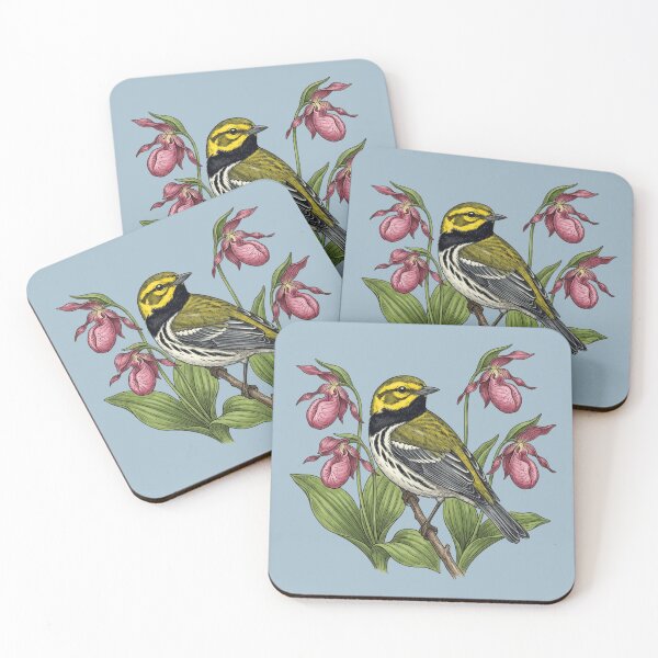 Item preview, Black-throated Green Warbler Bird with Lady Slipper Wildflowers designed and sold by BirdsnStuff.