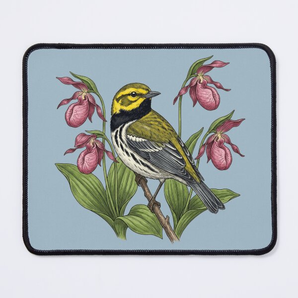 Item preview, Black-throated Green Warbler Bird with Lady Slipper Wildflowers designed and sold by BirdsnStuff.