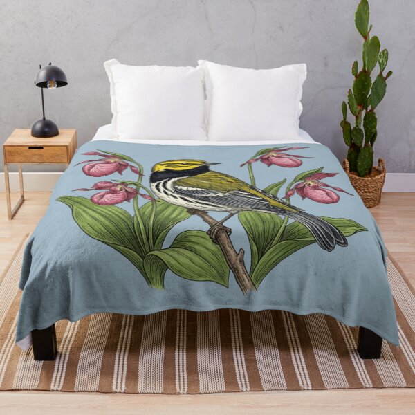 Item preview, Black-throated Green Warbler Bird with Lady Slipper Wildflowers designed and sold by BirdsnStuff.