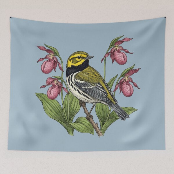 Item preview, Black-throated Green Warbler Bird with Lady Slipper Wildflowers designed and sold by BirdsnStuff.