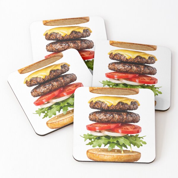 Item preview, exploded cheeseburger with floating layers of sesame bun, beef patties, melted cheese, tomato slices, onions, and arugula, designed and sold by pipikijung.