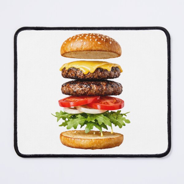 Item preview, exploded cheeseburger with floating layers of sesame bun, beef patties, melted cheese, tomato slices, onions, and arugula, designed and sold by pipikijung.