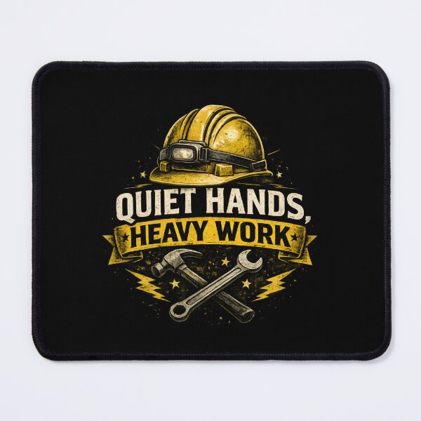 Item preview, Quiet Hands Heavy Work – Hard Hat Tradesman Quote Design designed and sold by Zayn Studio.