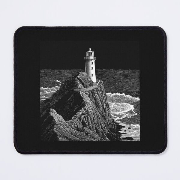 Item preview, Black and White Lighthouse on Rocky Ocean Cliff Art designed and sold by inkoutninja.