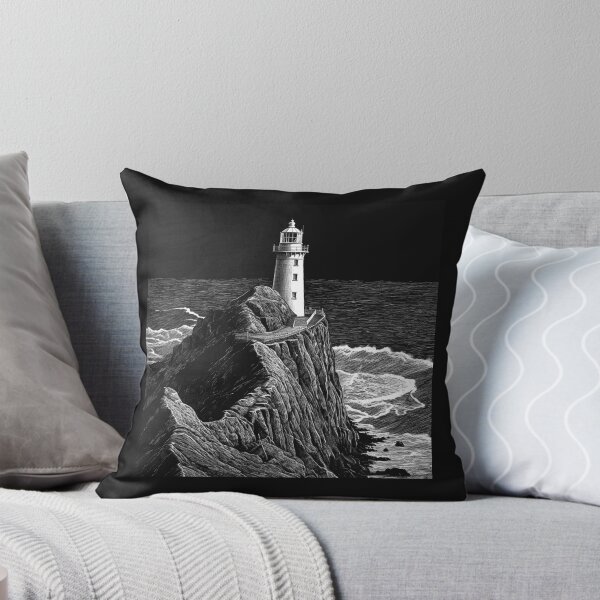 Item preview, Black and White Lighthouse on Rocky Ocean Cliff Art designed and sold by inkoutninja.