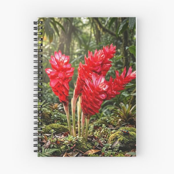 Artikelvorschau, Leuchtend rote Ingwerblüte im üppigen tropischen Regenwald entworfen und verkauft von Mindful Heritage.