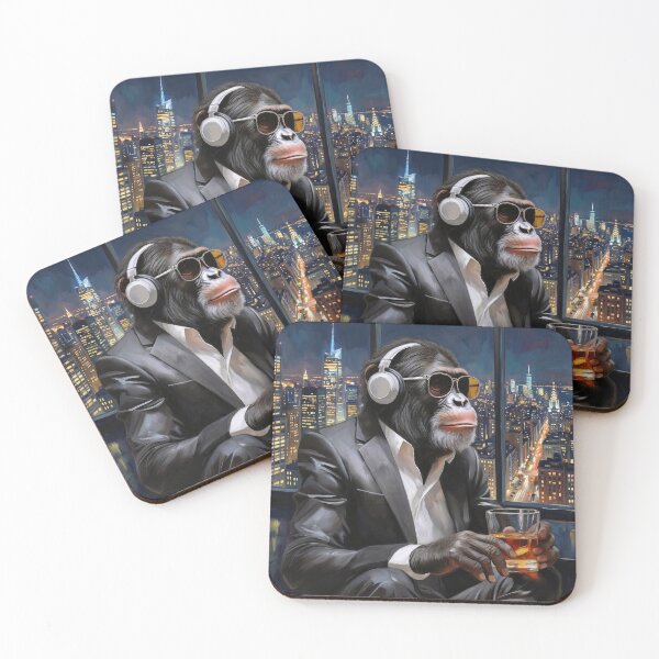 Item preview, Portrait Chimpanzee in suit with headphones, behind skyline NYC designed and sold by TYA - Take Your Art.
