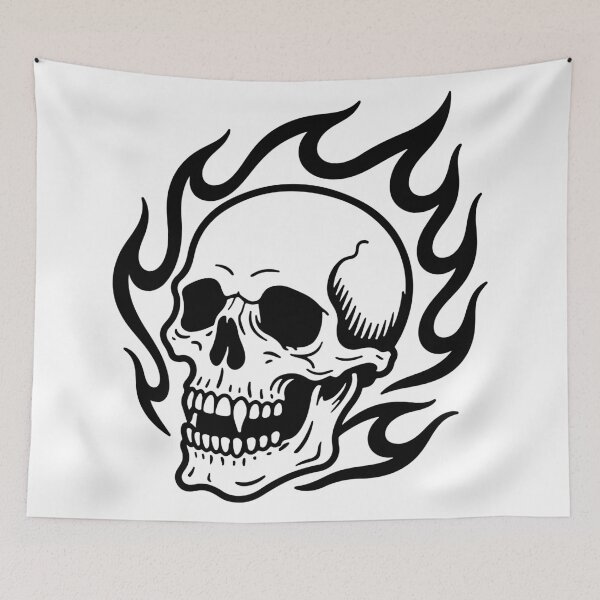 Item preview, Flaming Skull Flame Traditional Old School Blackwork Tattoo designed and sold by villacruz.