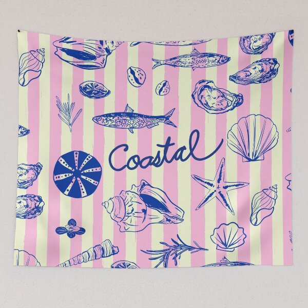 Item preview, Coastal Illustration with Pink Stripes, Shells, Sardines, and Oysters designed and sold by MaiZephyr.