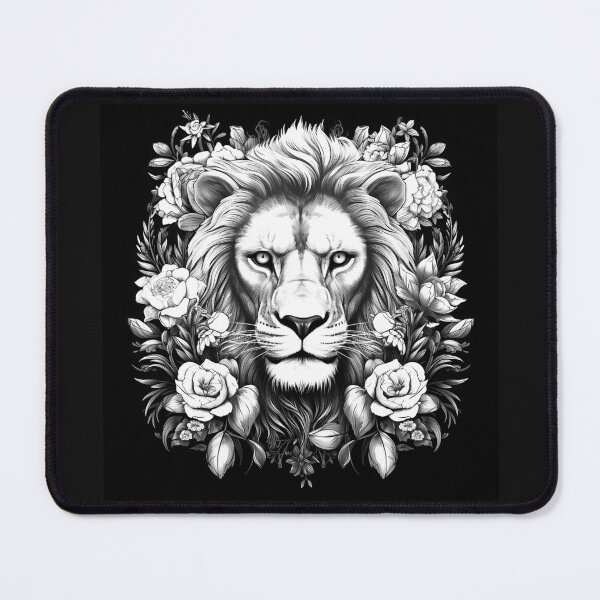 Item preview, Black and White Lion Floral Portrait Majestic Wildlife Art designed and sold by inkoutninja.