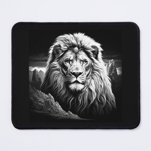 Item preview, Black and White Lion Mountain Landscape Wildlife Art designed and sold by inkoutninja.