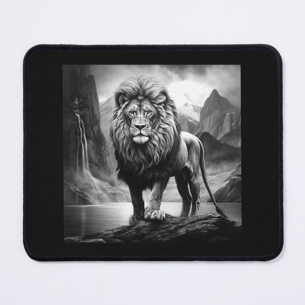 Item preview, Black and White Lion Mountain Waterfall Wildlife Art designed and sold by inkoutninja.