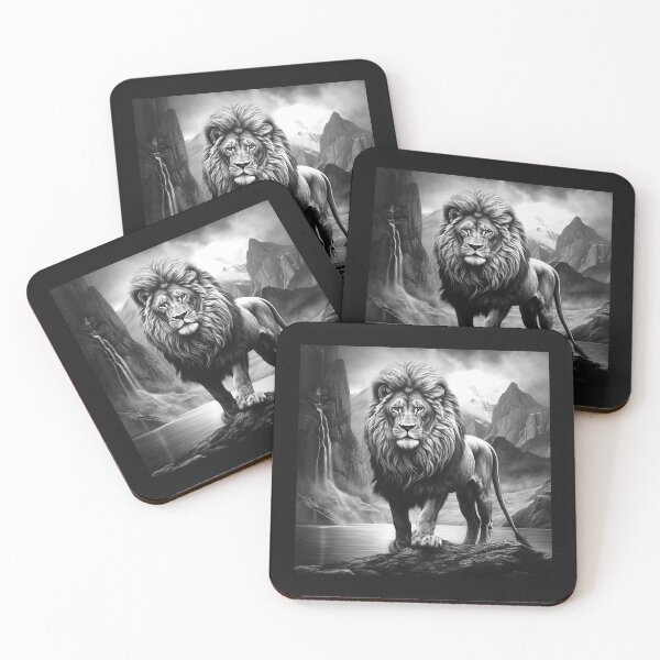 Item preview, Black and White Lion Mountain Waterfall Wildlife Art designed and sold by inkoutninja.