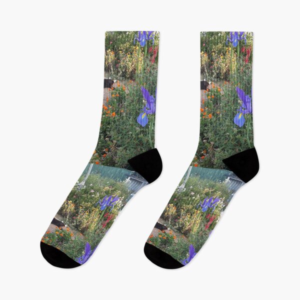 Item preview, Tuxedo Cat And Flowers Cottage Garden Blue Dutch Iris Marigolds Daisies designed and sold by Sarah  Rajkotwala.