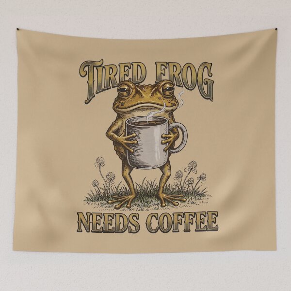 Item preview, Tired Frog Needs Coffee - Funny Vintage Frog Coffee Lover Meme designed and sold by ZyxDes.