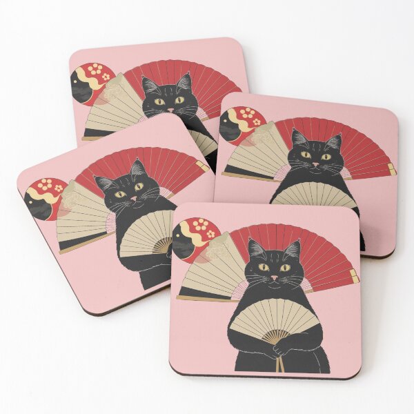 Item preview, Elegant Black Cat with Folding Fan – Japanese Minimal Art designed and sold by LEO'S CREATURE　れおずくりーちゃー.