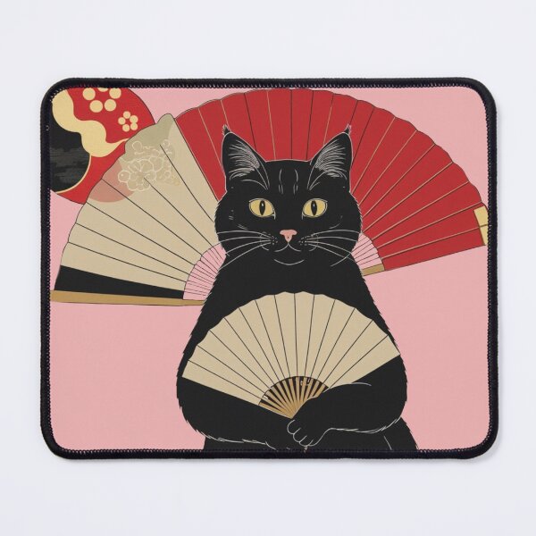 Item preview, Elegant Black Cat with Folding Fan – Japanese Minimal Art designed and sold by LEO'S CREATURE れおずくりーちゃー.