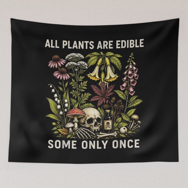 Item preview, All Plants Are Edible Some Only Once Vintage Botanical Skull Art designed and sold by CaosticDomes.