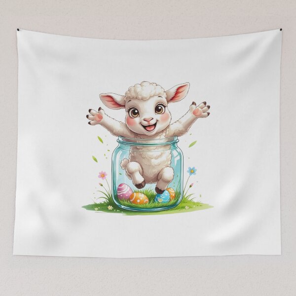 Item preview, Cute Baby Lamb in a Glass Jar with Easter Eggs designed and sold by AQUILAKREO.