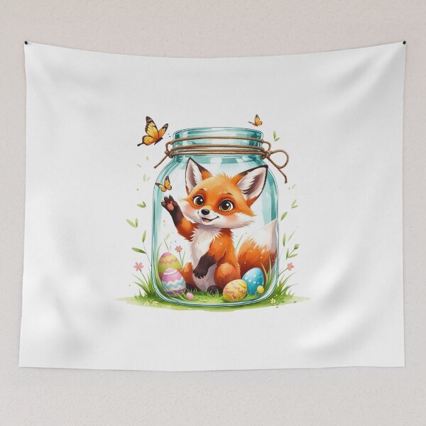 Item preview, Cute Fox in a Glass Jar with Easter Eggs designed and sold by AQUILAKREO.