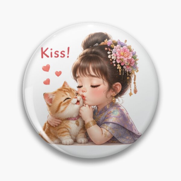 Aperçu de l'œuvre Doux baiser d'amour – Mignonne fille thaïlandaise et chaton créée et vendue par Tonphiarts.