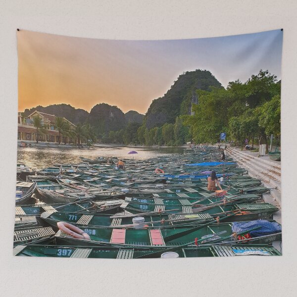 Item preview, Evening Rowboats at Tam Coc - Blue Hour Ninh Binh | Serene Vietnam River Landscape Art designed and sold by Ross.A.Campbell.