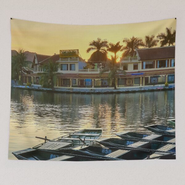 Item preview, Evening Rowboats at Tam Coc - Blue Hour Ninh Binh | Serene Vietnam River Landscape Art designed and sold by Ross.A.Campbell.