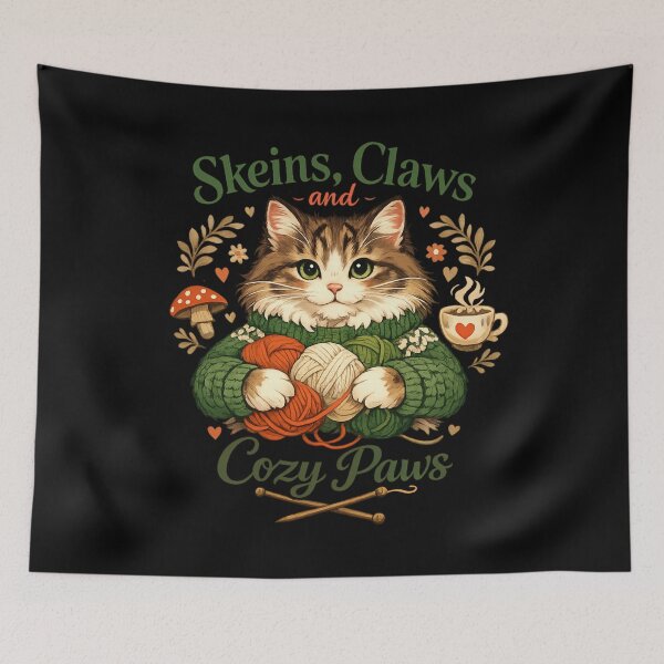 Item preview, Cozy Cottagecore Cat with Yarn – Skeins, Claws and Cozy Paws Knitting Aesthetic designed and sold by Ladys-Gents.