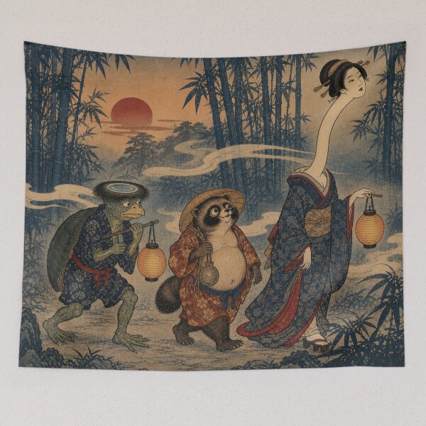 Aperçu de l'œuvre Défilé de Yokai - Estampe japonaise vintage Ukiyo-e (dessin sur bois) inspirée du folklore japonais créée et vendue par bapupa.