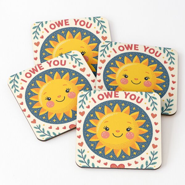 Item preview,  “I OWE YOU “ In the center, a cute smiling sun, surrounded by little glittering hearts. designed and sold by Ponted.