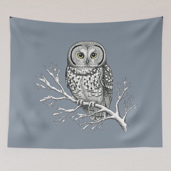 Item preview, Tengmalm Owl Perched on a Frosted Winter Branch Bird Illustration  designed and sold by BirdsnStuff.