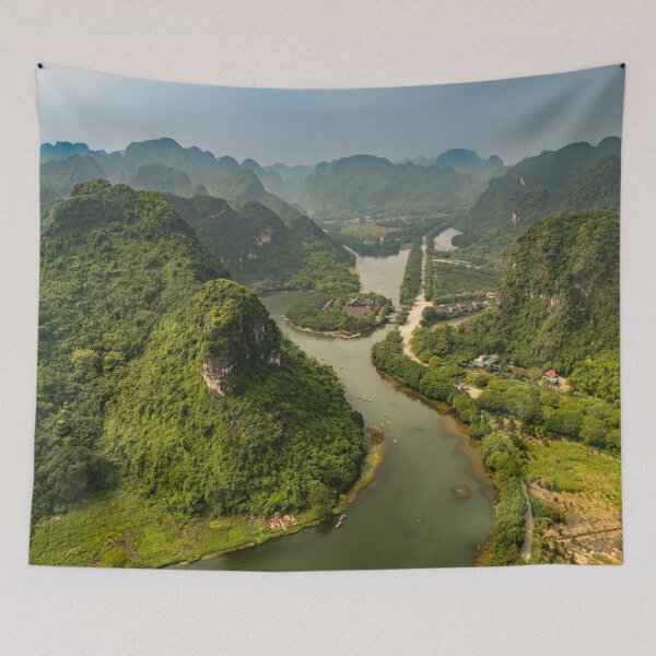 Item preview, Aerial Trang An Peaks - Ninh Binh, Vietnam | Epic Limestone Karst Drone Landscape Art designed and sold by Ross.A.Campbell.