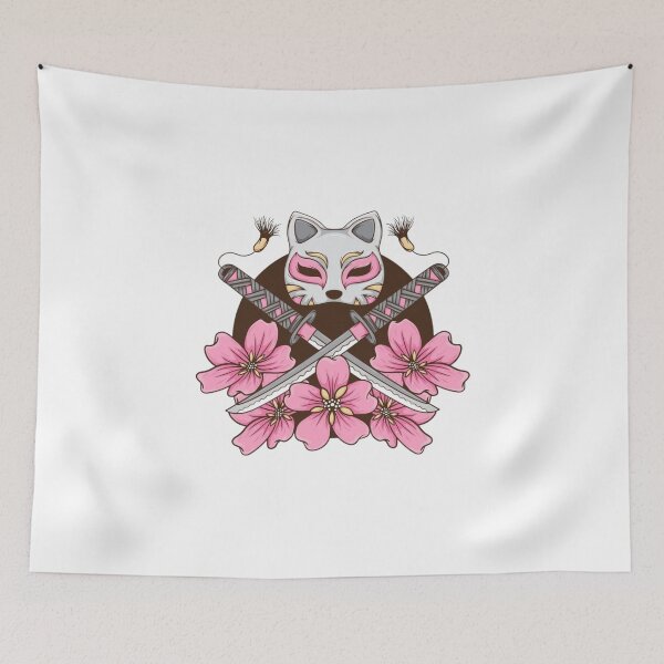 Item preview, Kitsune Fox Mask with Crossed Swords and Sakura Blossoms Japanese Warrior Art designed and sold by Mr-MC-kitty.
