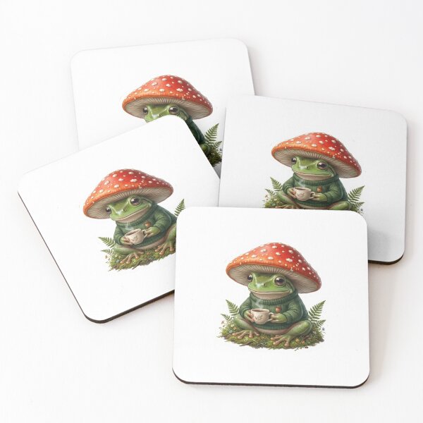 Item preview, Cute frog wearing a mushroom hat and sweater holding a cup of coffee designed and sold by rajeshbac.
