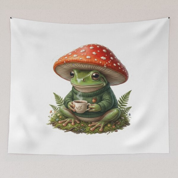 Aperçu de l'œuvre Une adorable grenouille portant un chapeau champignon et un pull, tenant une tasse de café. créée et vendue par rajeshbac.