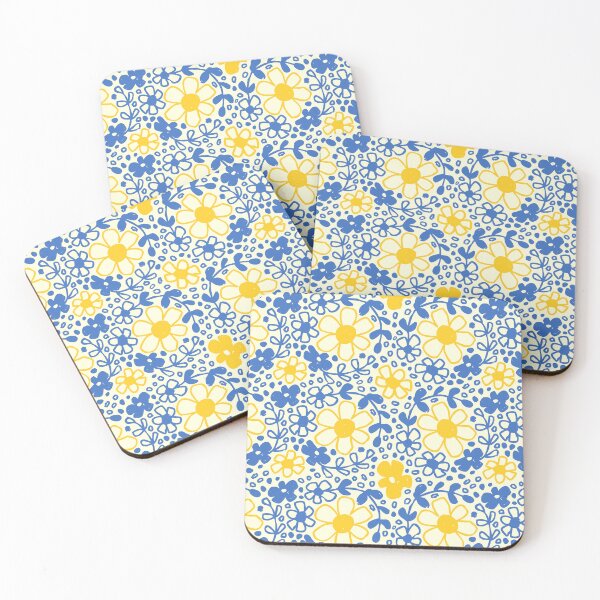 Item preview, Cute Mediterranean Flowers, Folk Floral Blue Yellow Cottagecore Pattern designed and sold by Pravokrugulnik.