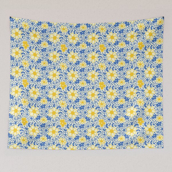 Item preview, Cute Mediterranean Flowers, Folk Floral Blue Yellow Cottagecore Pattern designed and sold by Pravokrugulnik.