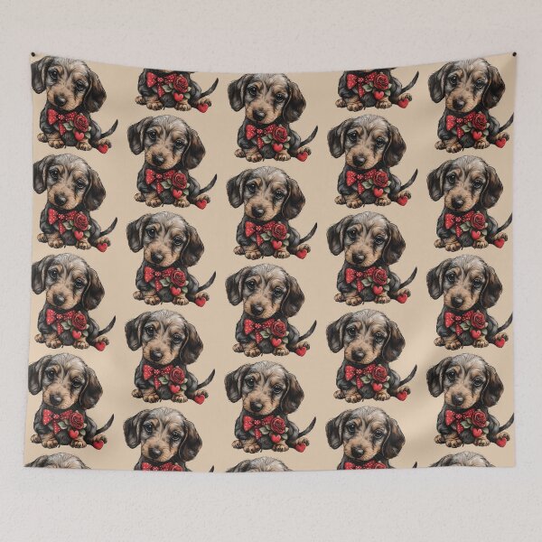 Item preview, Dachshund Puppy with Red Hearts and Rose designed and sold by Erika Kaisersot.